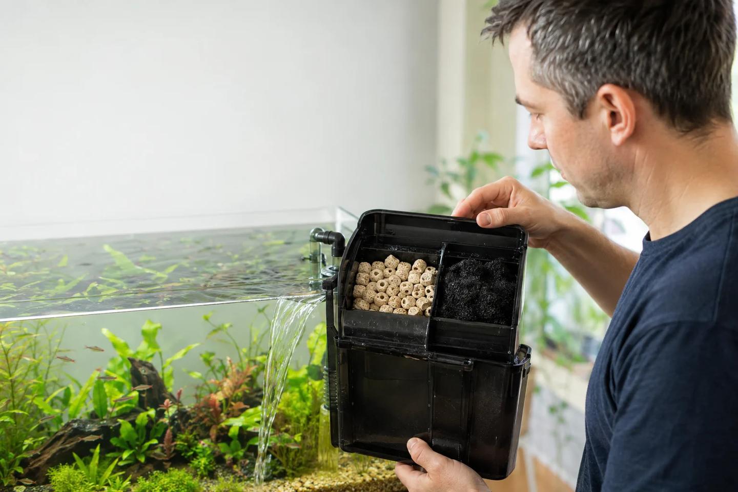 Aquarist inspecting wet ceramic biomedia and filter sponge while water returns to a planted freshwater aquarium