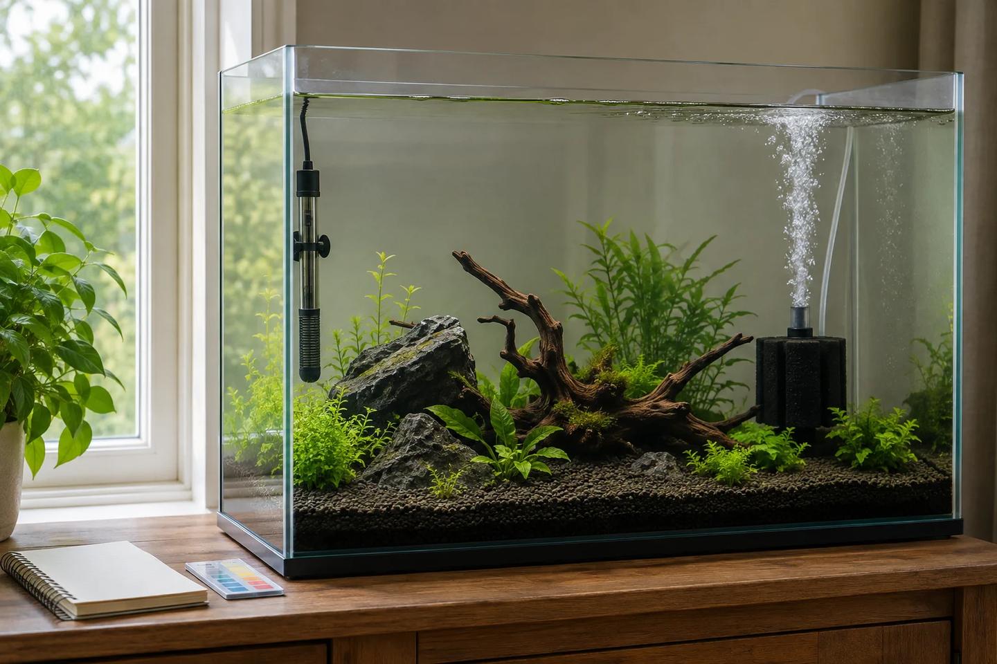 Unstocked planted freshwater aquarium running with a heater and bubbling sponge filter during fishless cycling