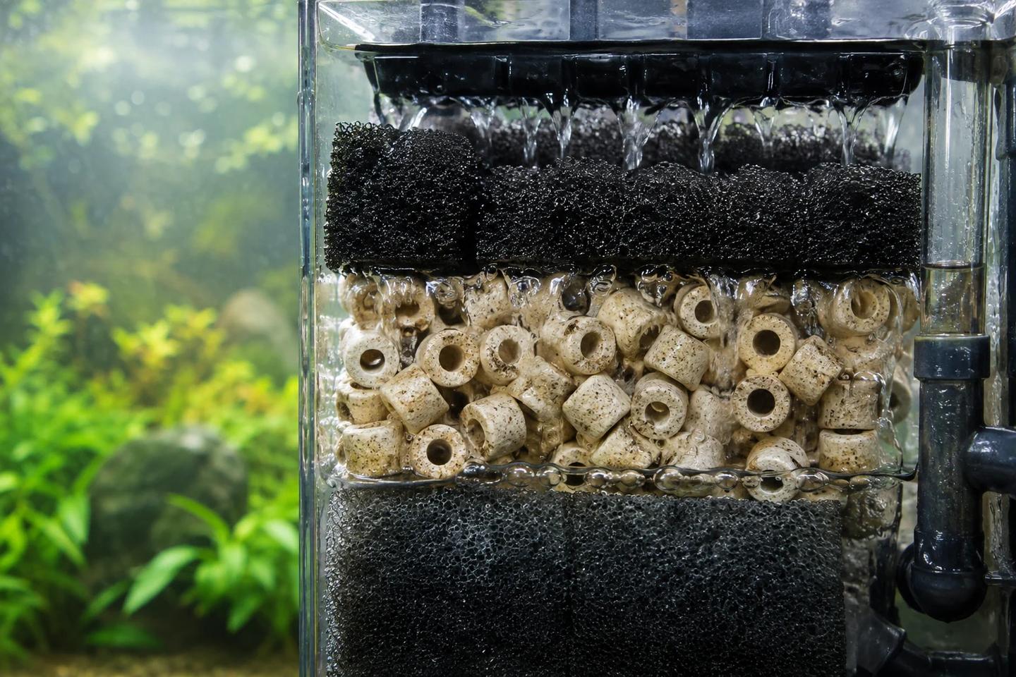 Wet porous ceramic rings between coarse aquarium filter sponges with clean water flowing through the biological media