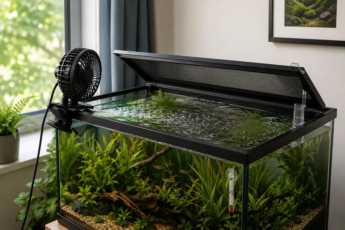 Open aquarium lid with an unbranded clip fan outside the tank aimed across the water surface and a glass thermometer on the front panel