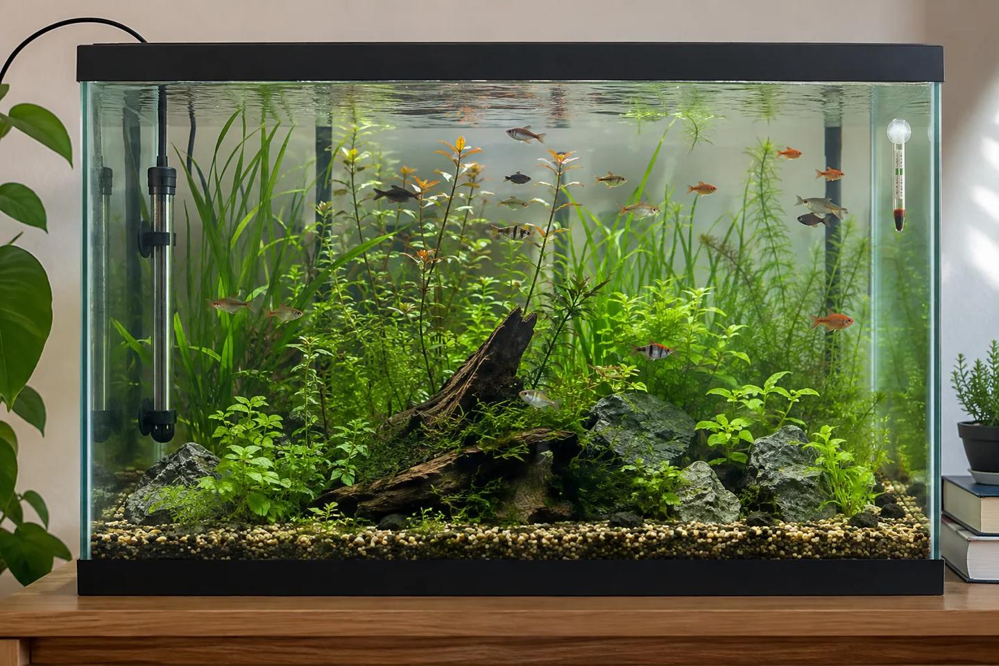 Planted tropical aquarium with a submerged heater on the left and a separate glass thermometer on the right
