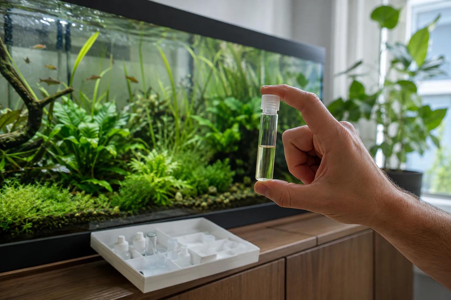 Aquarist holding an unlabelled liquid-test vial beside a planted freshwater aquarium