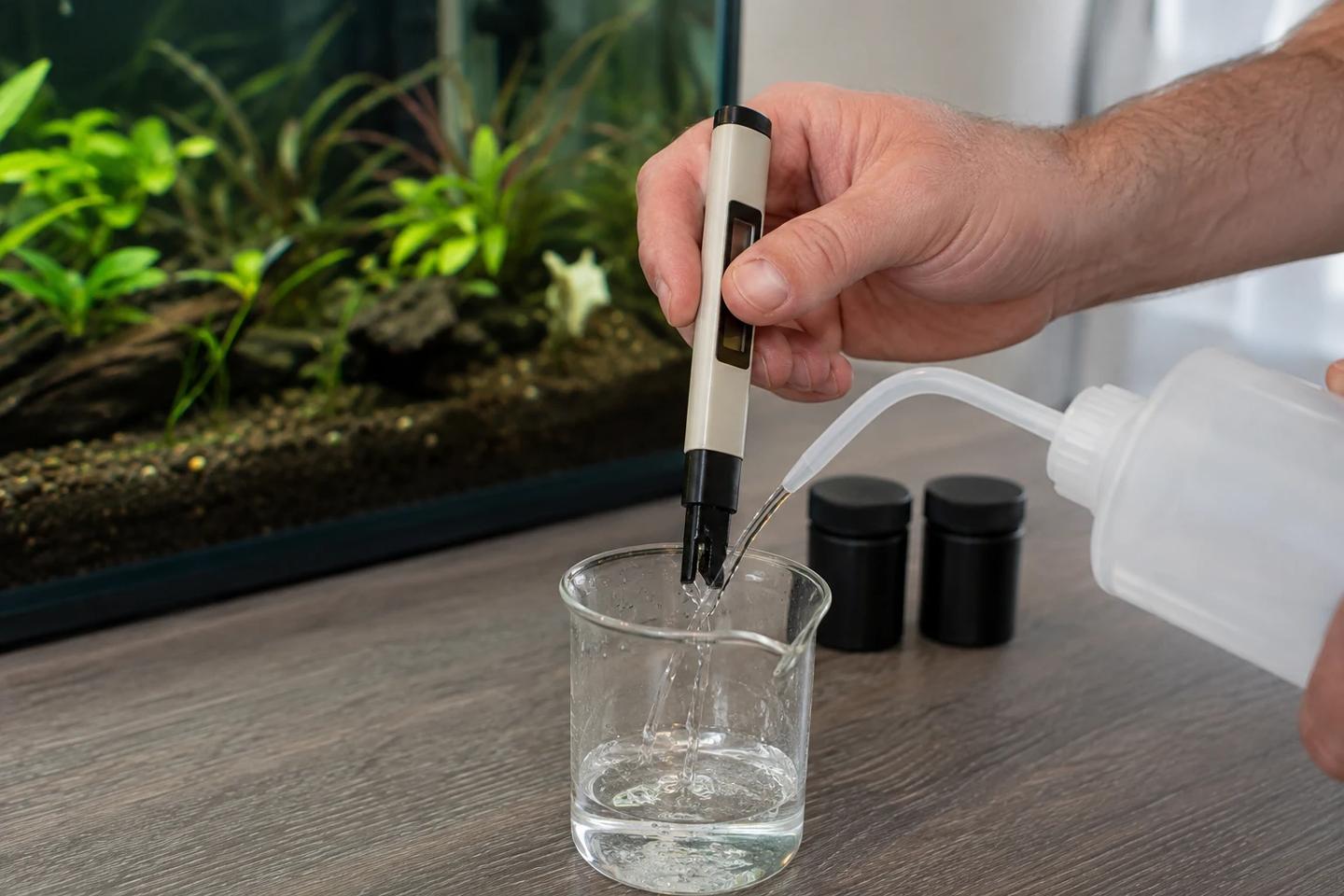 Aquarist rinsing an unbranded digital water-testing probe with clear liquid beside a freshwater aquarium