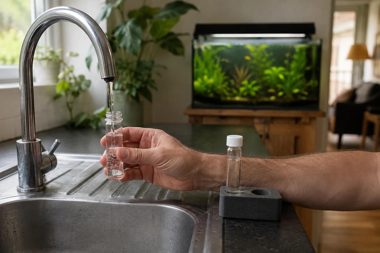 Aquarist collecting a clear tap-water sample in an unlabelled vial with a freshwater aquarium in the background