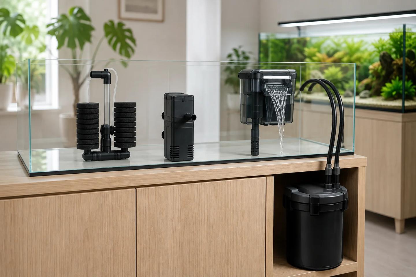 Unbranded sponge and internal filters inside a glass tank, with a hang-on-back filter on the rim and an external canister below