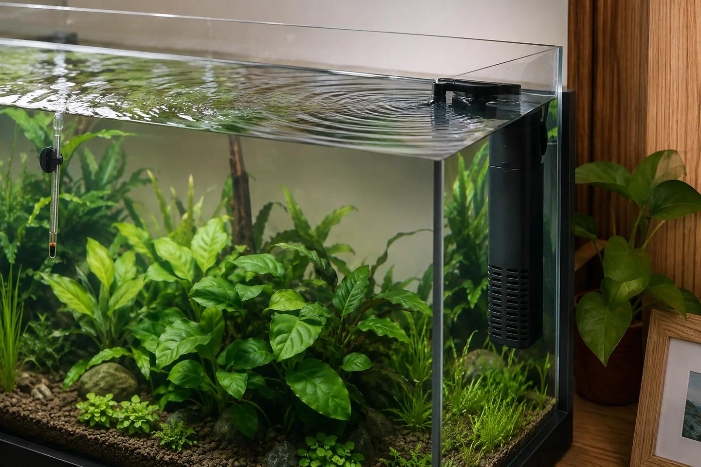 Unbranded internal aquarium filter with an unobstructed intake and outlet rippling the surface of a planted tank