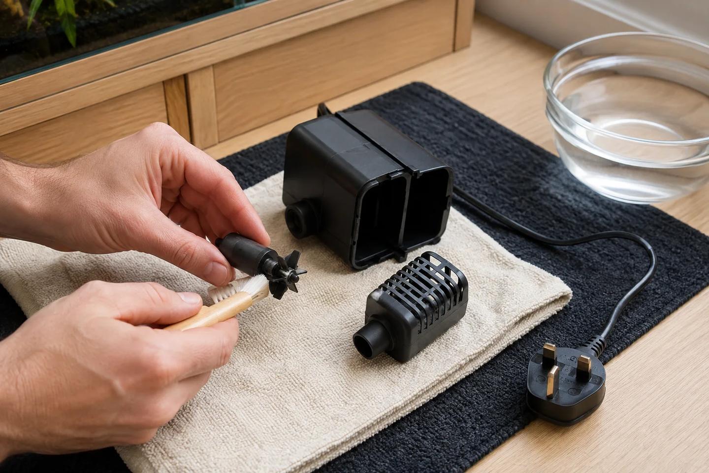 Dry hands cleaning a removed aquarium filter impeller with the UK plug unplugged and kept away from water