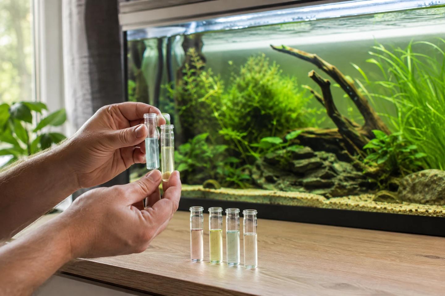 Aquarist comparing unlabelled water-test vials beside a planted freshwater aquarium