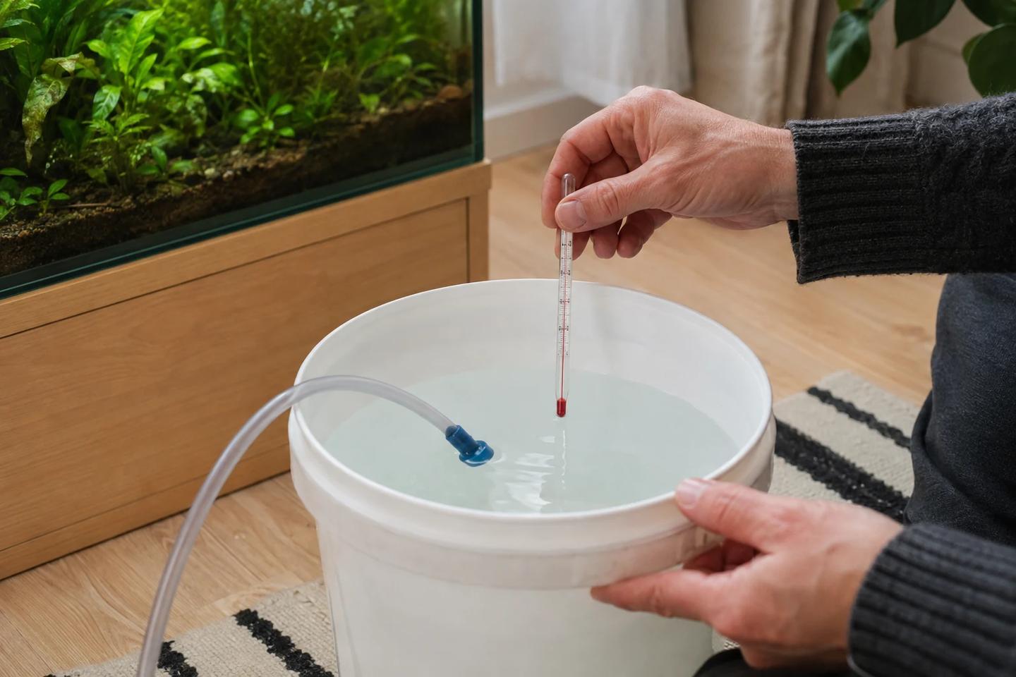 Aquarist checking the temperature of prepared replacement water in a clean bucket beside a freshwater aquarium