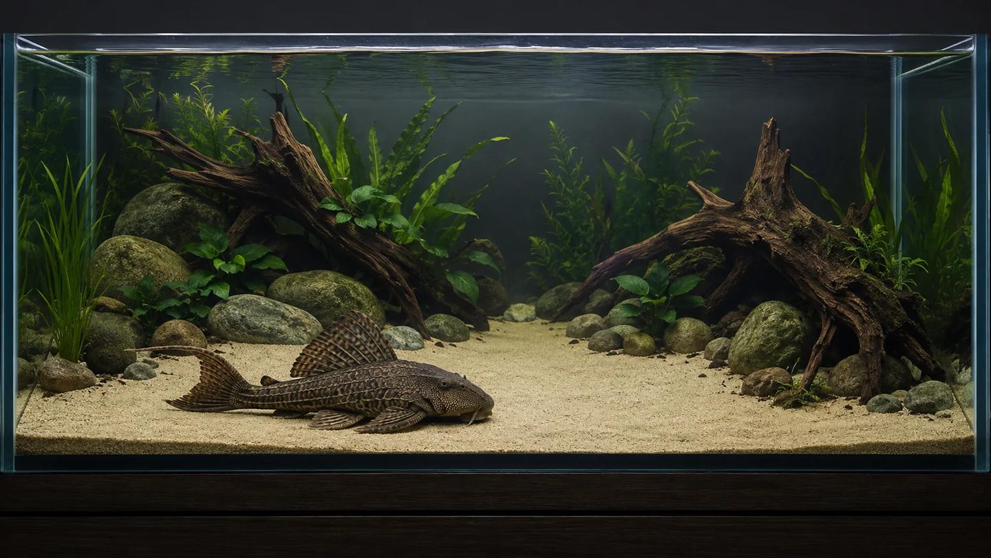 Illustration of one large common or sailfin-type pleco in a long aquarium with open floor space and wood shelters