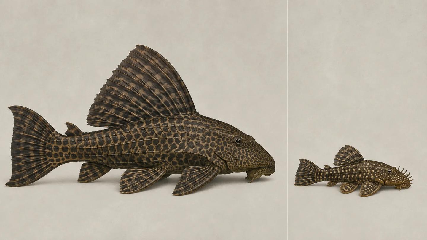 Natural-history illustration comparing a large common or sailfin-type pleco with a smaller bristlenose-type pleco