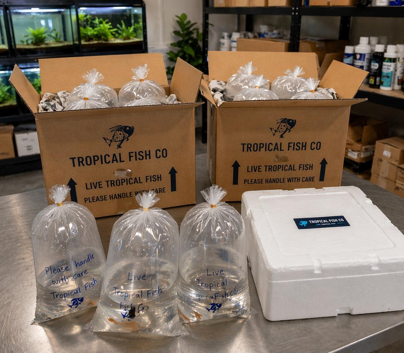 Insulated live fish delivery box packed with oxygenated fish bags and protective padding
