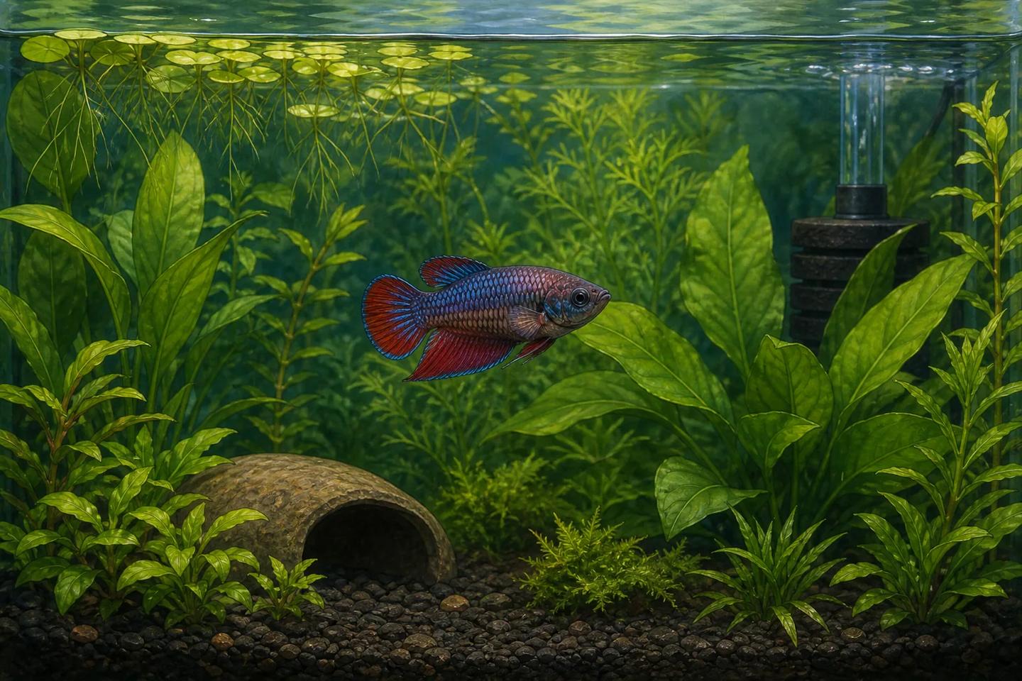 Illustration of one short-finned female betta in a planted filtered aquarium with surface access