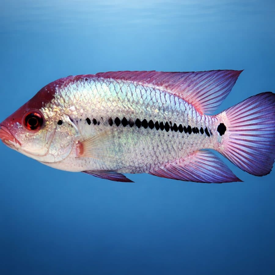 A thai silk flowerhorn cichlid with a silvery-blue metallic body and developing forehead hump