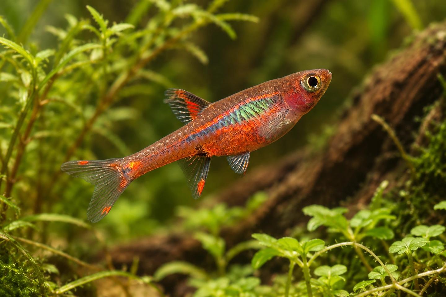 Illustration of a chili rasbora with an elongated dark lateral marking and orange-red body among aquarium plants.