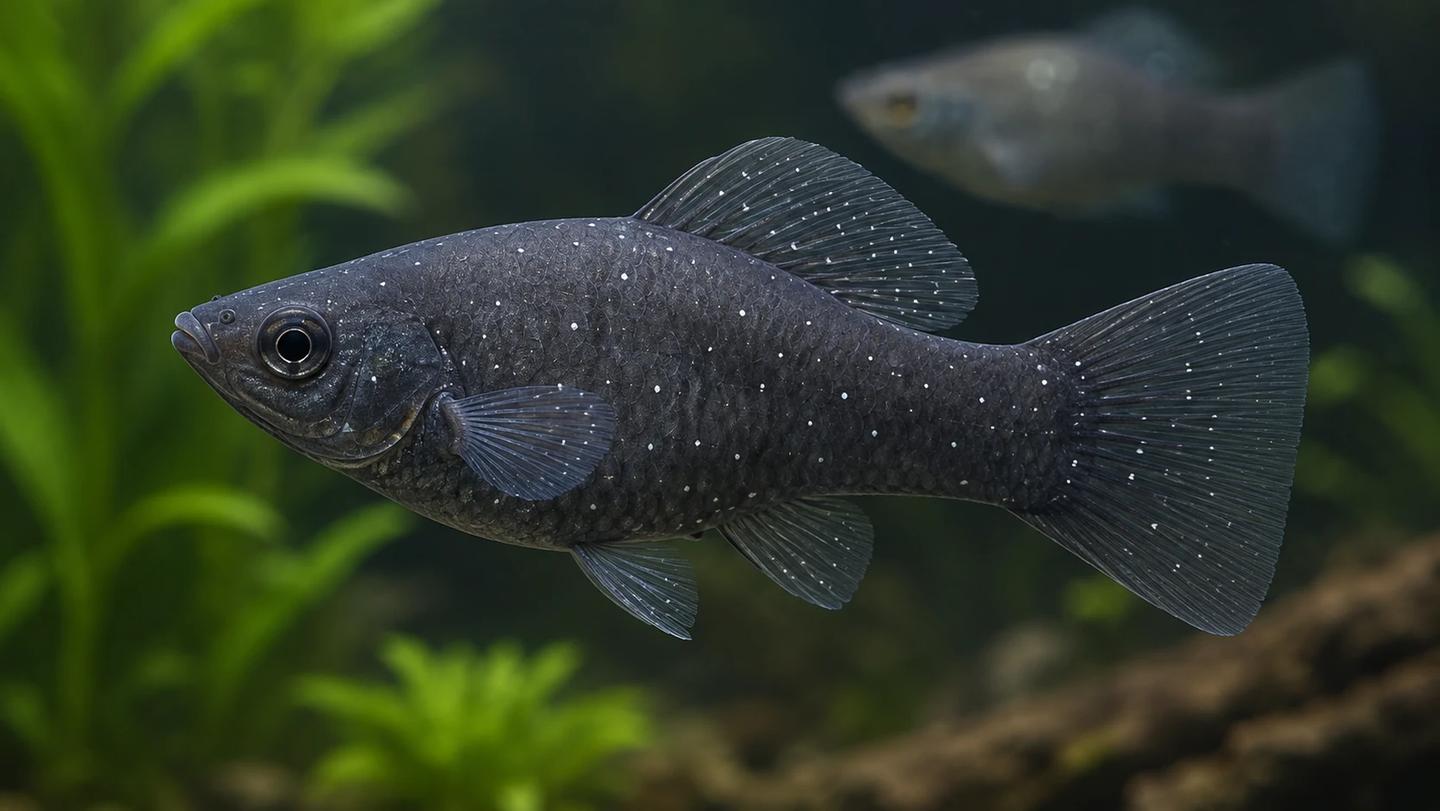 Illustration of a dark freshwater aquarium fish with scattered small white spots on its fins and body