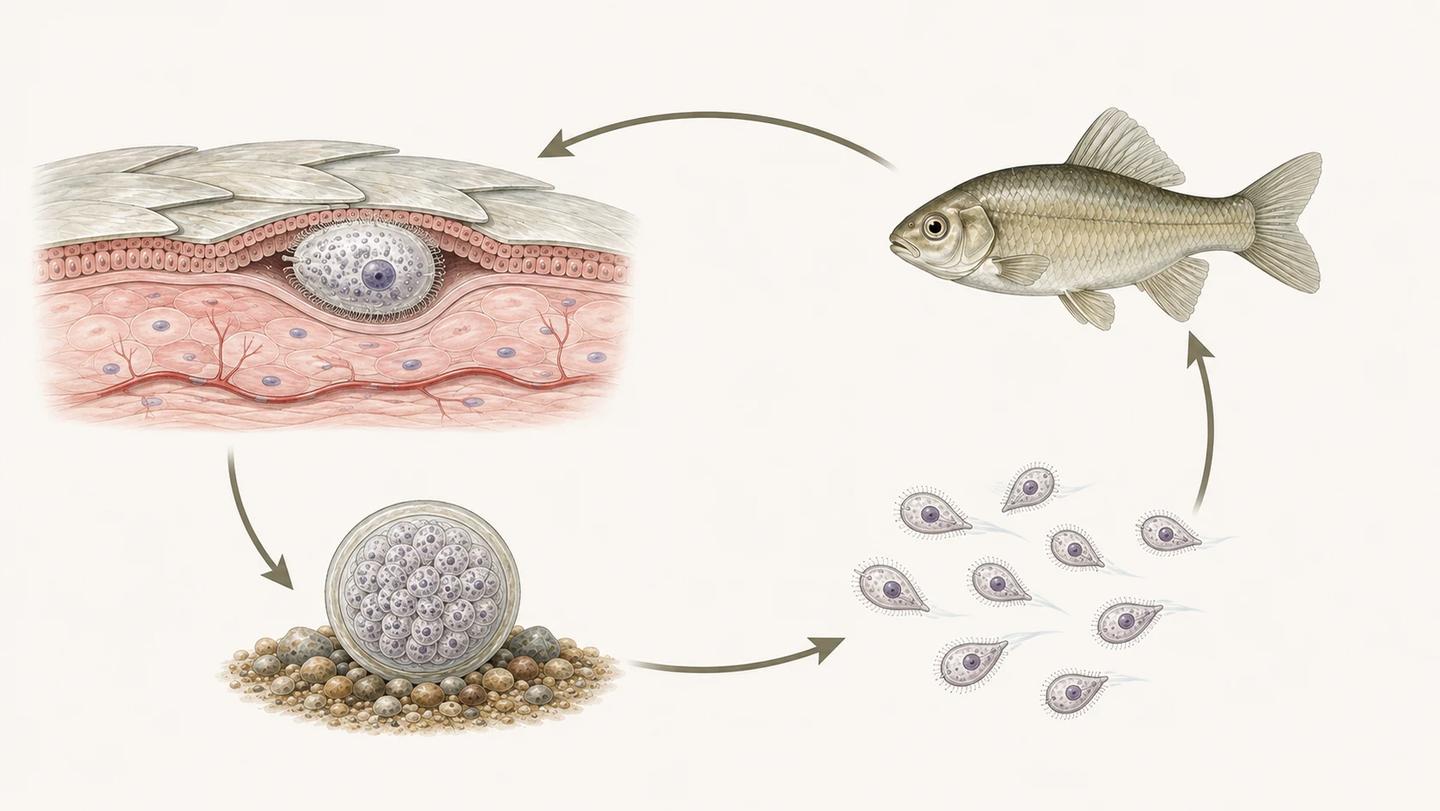 Ich life-cycle illustration from a skin trophont to a substrate tomont, free-swimming theronts and a fish