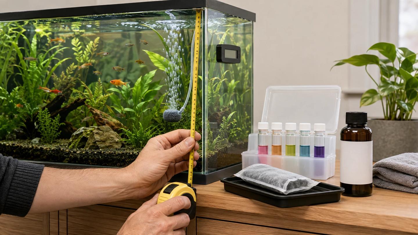 Aquarium treatment preparation with thermometer, air stone, test vials, tape measure, blank medicine bottle and carbon pouch