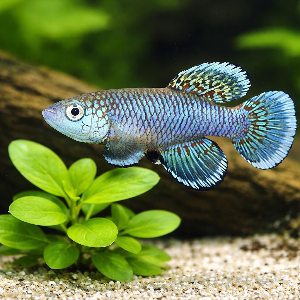 Nothobranchius eggersi blue, an annual killifish, showing bold colour among planting