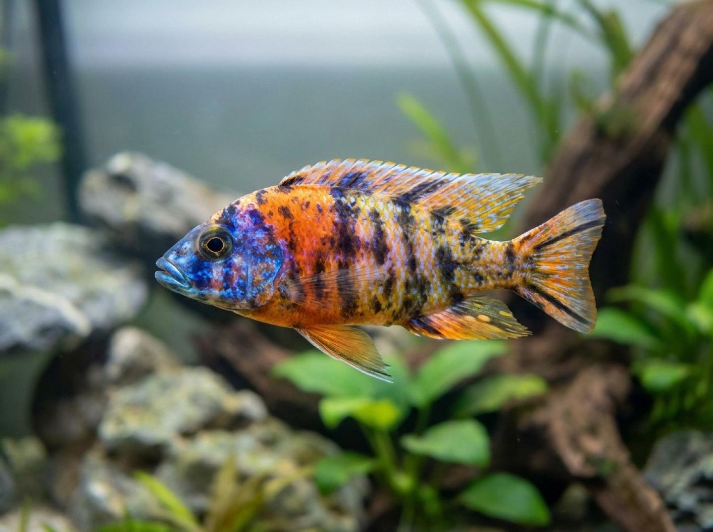A Calico Peacock cichlid (Aulonocara) showing mixed orange and dark patterning