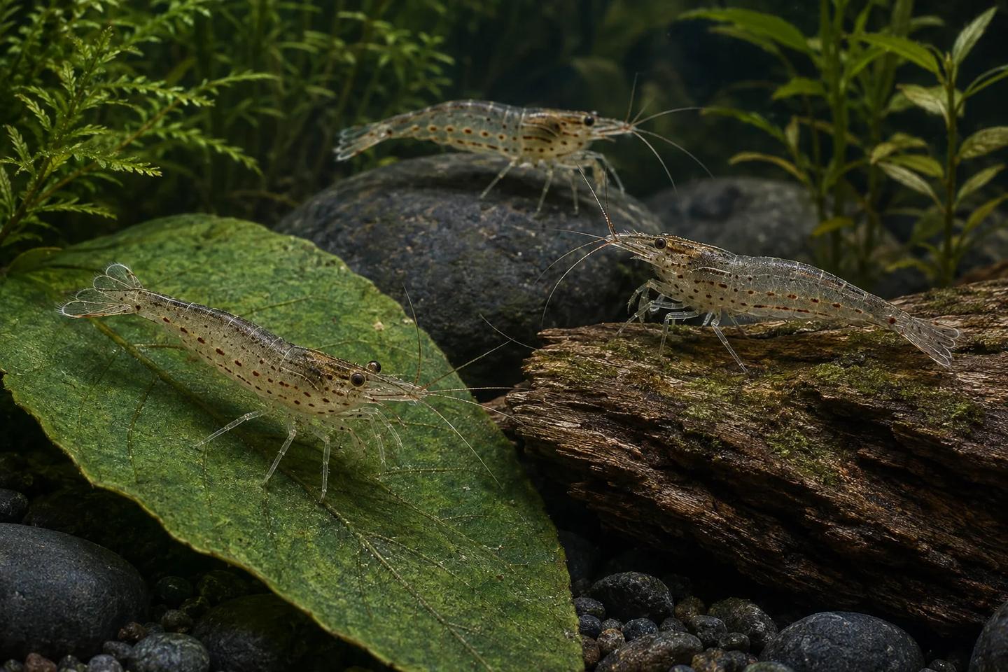 Three translucent Amano shrimp on a green leaf, aquarium wood and a dark stone