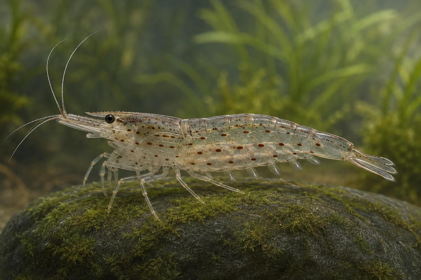Side-view illustration of a translucent Amano shrimp with rows of reddish-brown markings