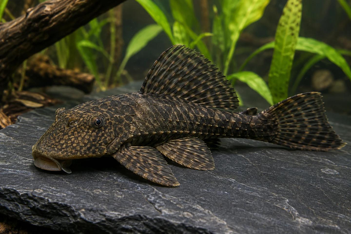 Three-quarter view illustration of a mottled Ancistrus pleco showing armour plates and a ventral sucker mouth