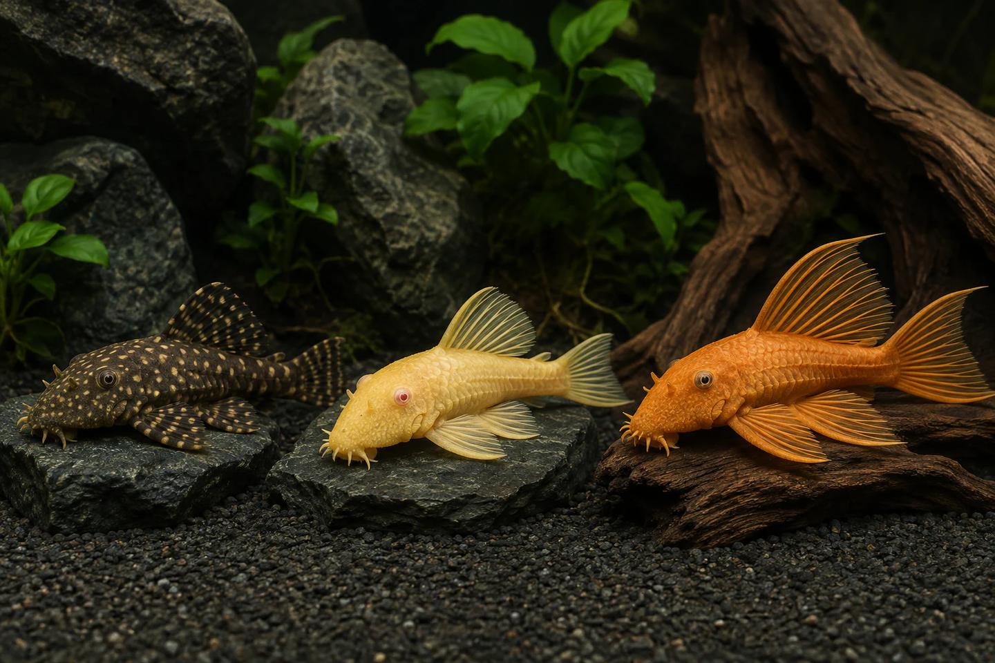 Dark spotted, pale yellow and orange longfin Ancistrus pleco forms shown side by side