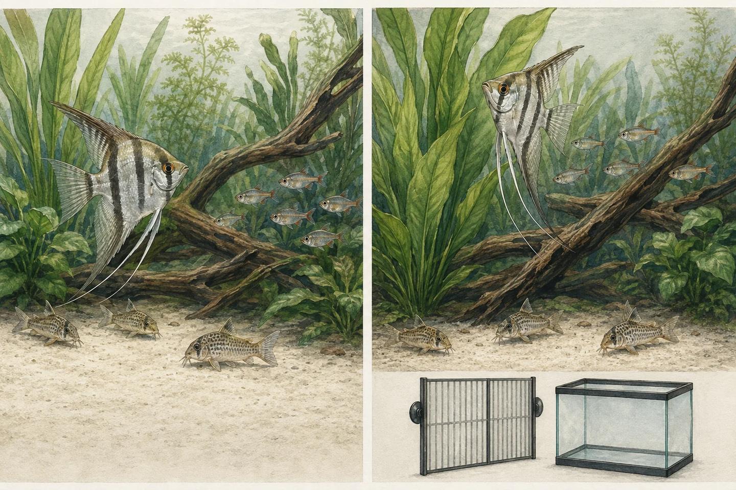 Two-panel illustration comparing a settled angelfish community with a more alert angelfish and fish keeping their distance