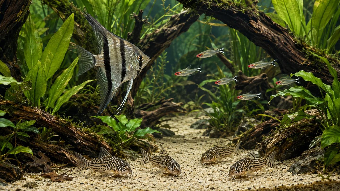 Illustrated silver freshwater angelfish with rummy-nose-type tetras and Corydoras-type catfish in a tall planted aquarium