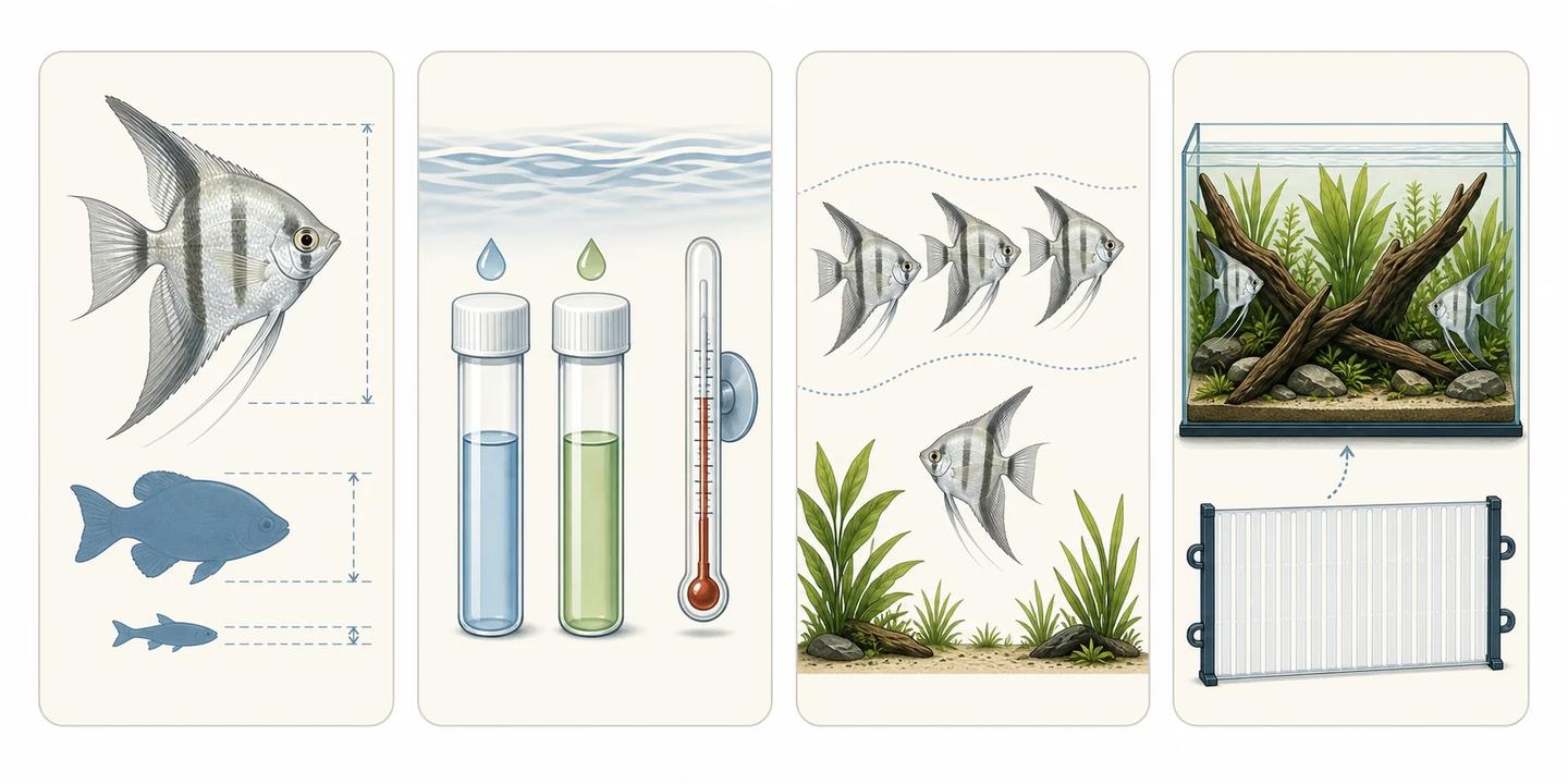 Four-panel illustration of adult fish proportions, water tests, angelfish social grouping, and a planted aquarium beside a separate divider