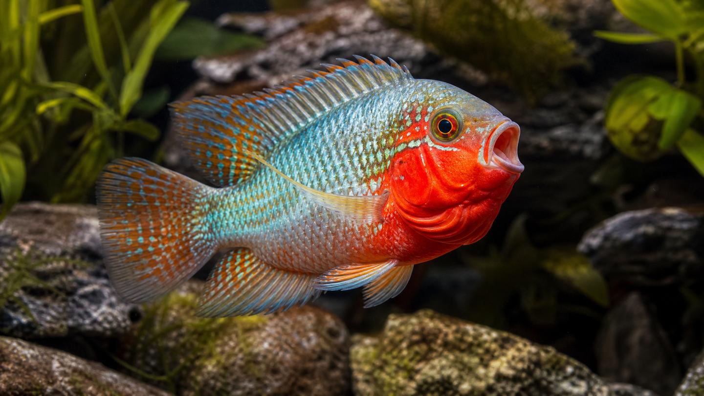 A firemouth cichlid (Thorichthys meeki) flaring its red throat and gill covers in a planted, rocky aquarium