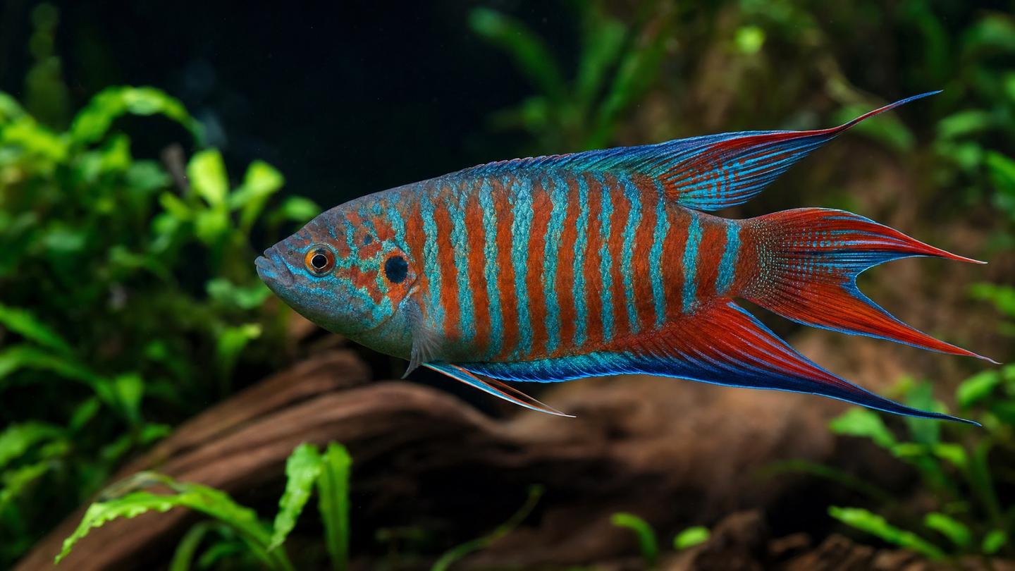 A male paradise fish (Macropodus opercularis) showing electric blue and red vertical barring with flowing fins in a planted aquarium