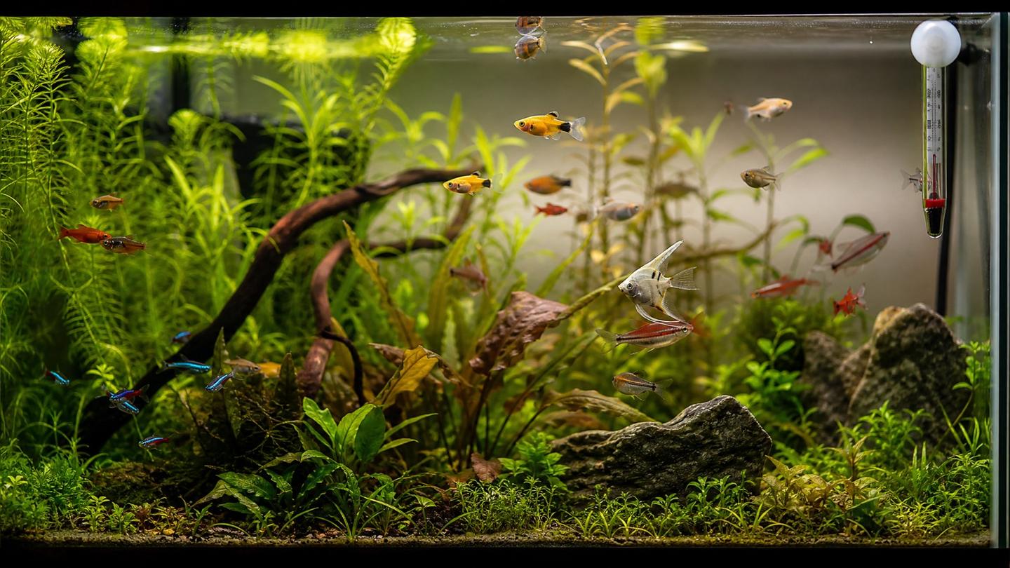 A planted tropical community aquarium held at the ideal 24–26 °C, with a thermometer on the glass and healthy fish