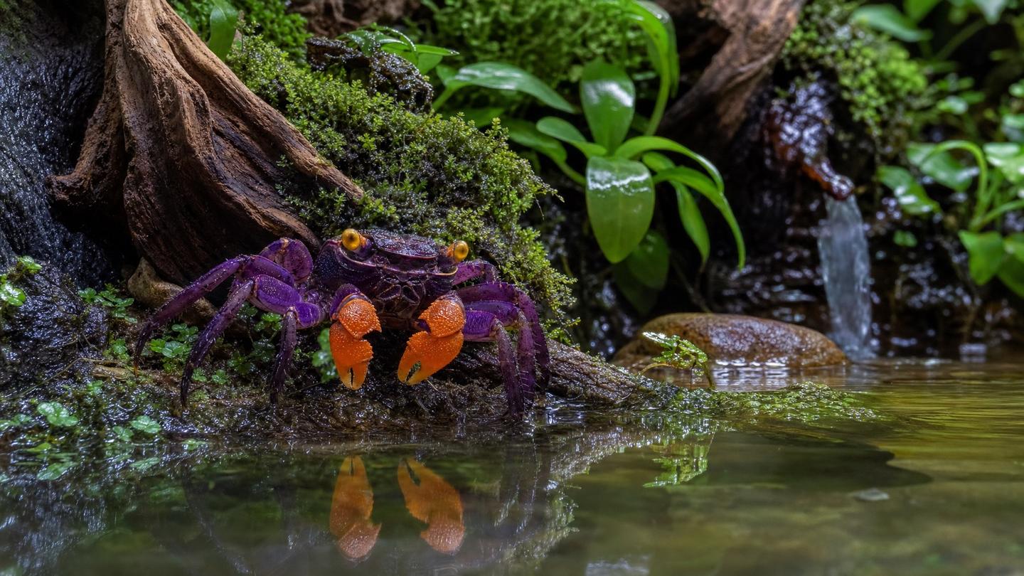 A purple-and-orange vampire crab (Geosesarma) on mossy driftwood at the water's edge of a planted paludarium