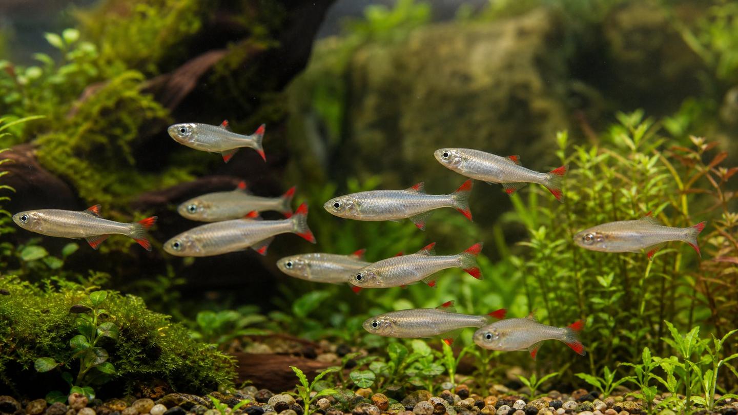 A shoal of white cloud mountain minnows (Tanichthys albonubes) with red-tipped fins in a planted coolwater aquarium