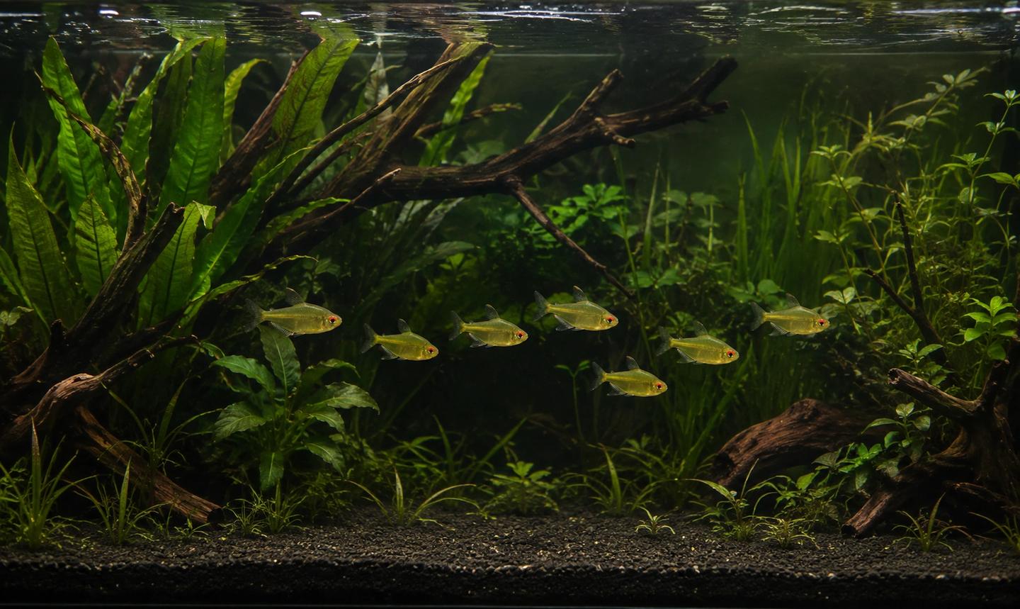 Long planted aquarium layout with a lemon tetra group and an open swimming lane