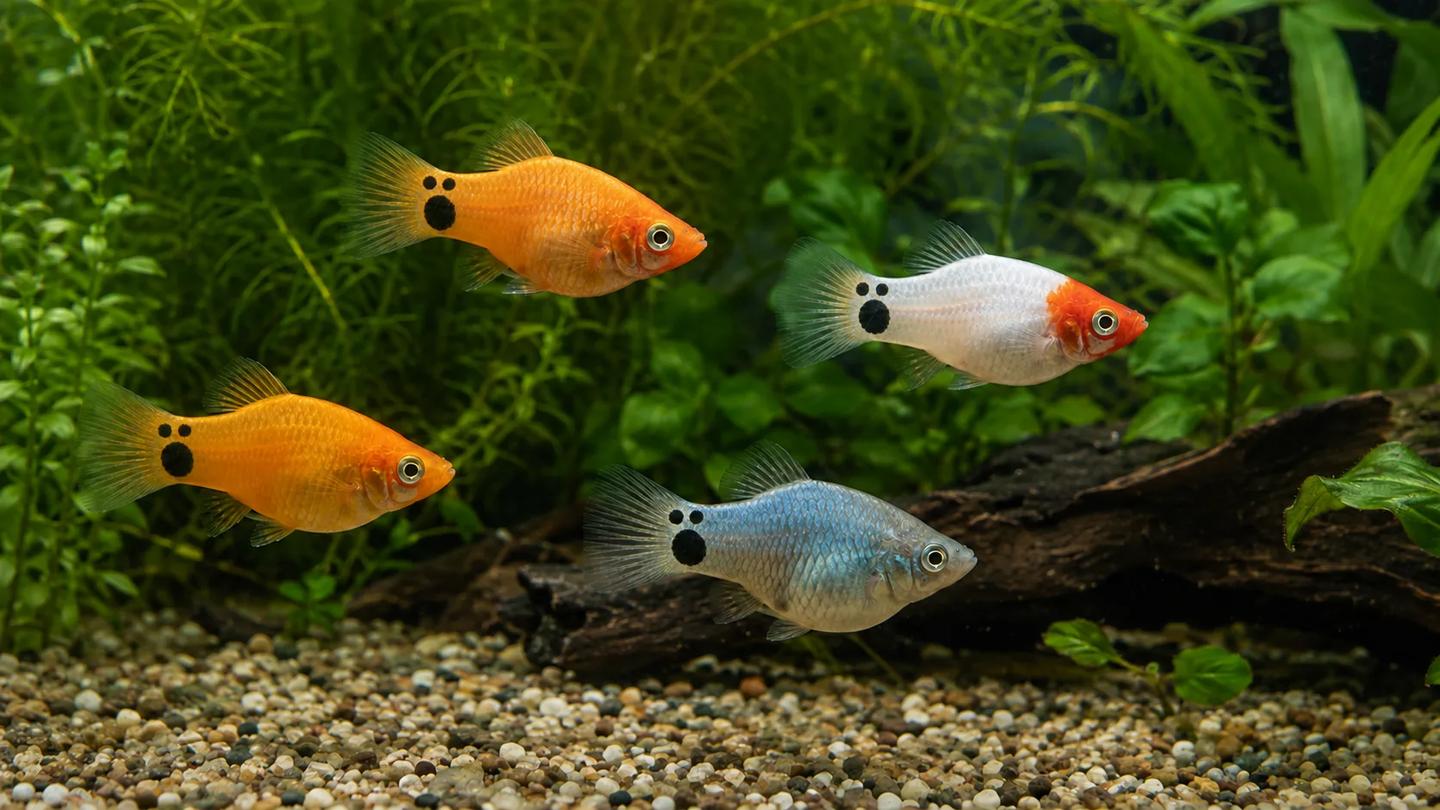 Group of orange, white and blue Mickey Mouse platies swimming in a planted aquarium
