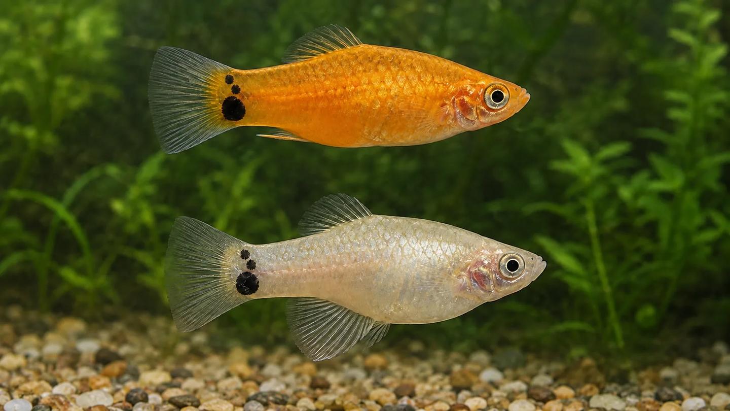 Side-view comparison of a slimmer male and deeper-bodied female Mickey Mouse platy