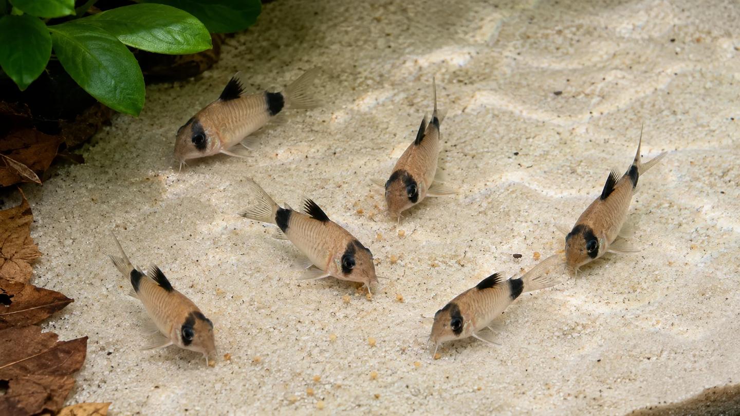 Six Panda Cory catfish searching fine sand for deliberately supplied sinking food