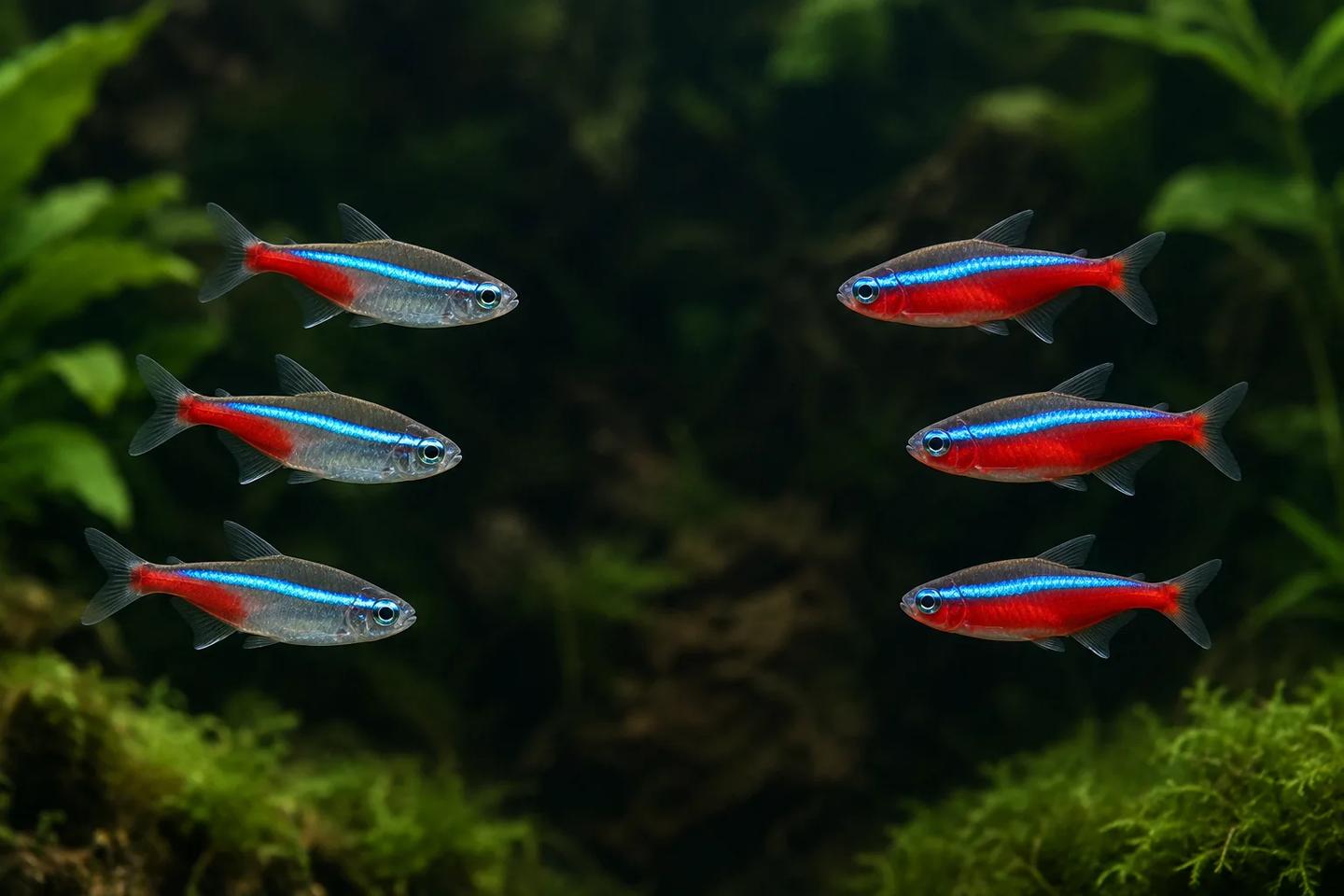 Neon tetras with half-length red markings beside cardinal tetras with longer red lower stripes