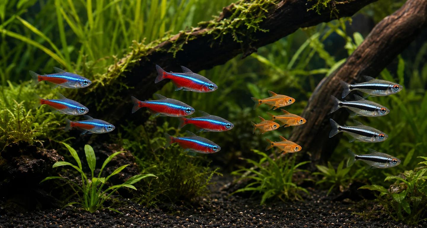 Illustrative neon, cardinal, ember and black neon tetra groups in a planted freshwater aquarium
