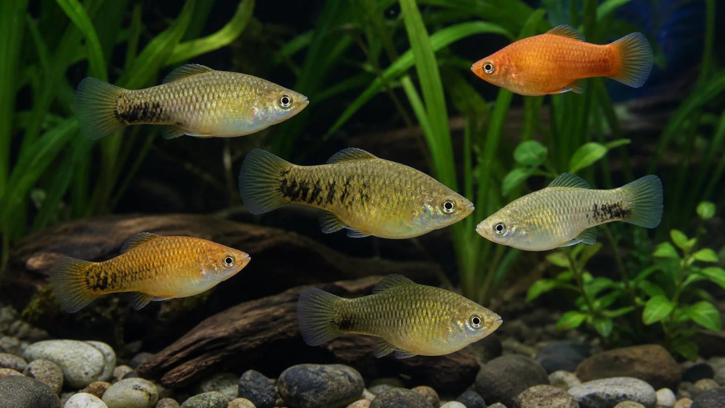Illustrative group of olive, gold and orange variable platyfish swimming in a planted freshwater aquarium