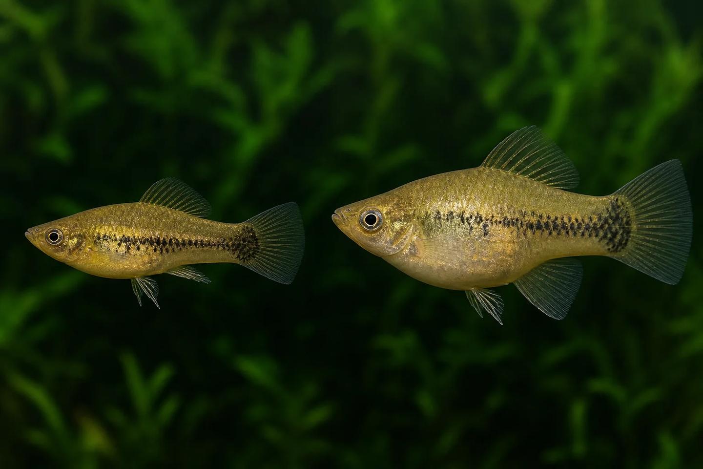 Illustrative male variable platyfish with a pointed anal fin beside a deeper-bodied female with a fan-shaped anal fin