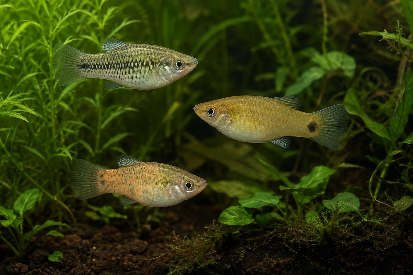 Three illustrative variable platyfish with olive zigzag, muted gold tailspot and orange mottled colour patterns