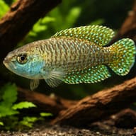 Affinis Pearl Killifish in a shaded annual-killifish setup — driftwood view - view 1