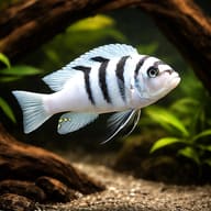 Representative Chimate Dogtooth Cichlid (Cynotilapia zebroides); colour and rocky decor are illustrative - view 1