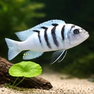 Representative Chimate Dogtooth Cichlid beside plants for scale; fish colour and aquascape are illustrative - view 4
