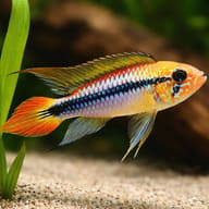 Gold Red Agassiz’s Dwarf Cichlid swimming above pale sand beside green leaves - view 4