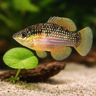 American Flagfish (Jordanella floridae) size reference beside aquarium plants — representative image - view 4